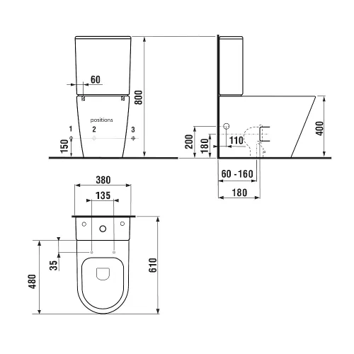 Sapho PACO RIMLESS monoblokkos WC fekete, alsó/hátsó kifolyású, ülőke nélkül,   38x64cm, duálgombos öblítőmechanikával