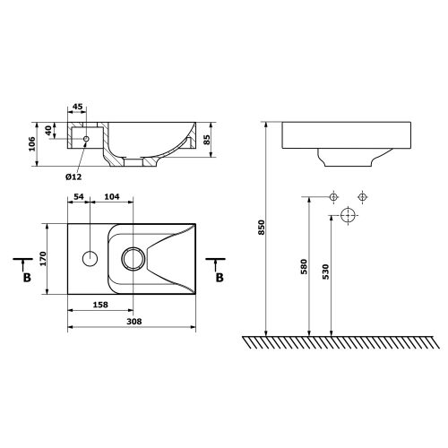Sapho SMALL PICCOLINO öntöttmárvány mosdó, balos, 30,8x17cm (PK300)