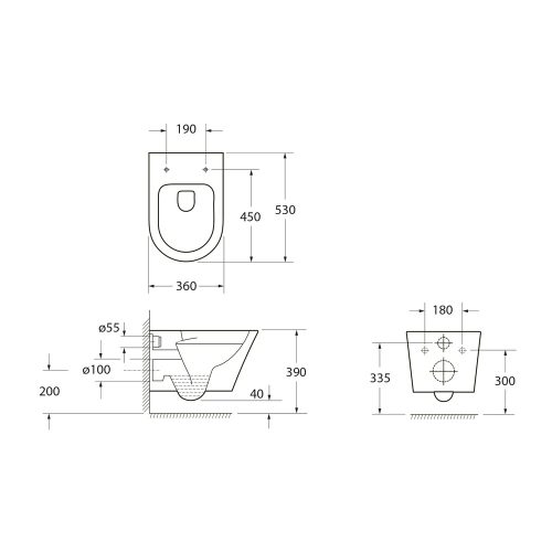 Sapho PACO RIMLESS VORTEX fali WC, ülőke nélkül, 36x53cm, fehér