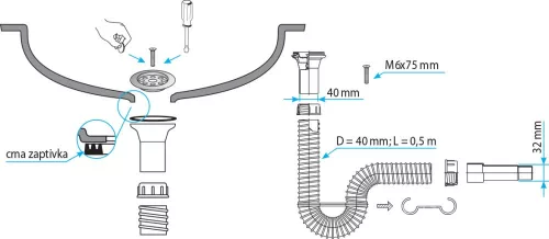 TEXO mosogató szifon flexibilis csővel - O 1" x 0,5 m x O 40/32 mm