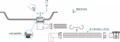 TEXO zuhanytálca szifon flexibilis csővel - O 5/4" x 0,5 m x O 40 mm
