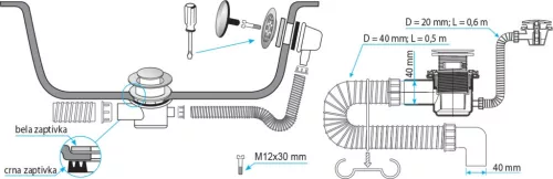 TEXO KLIKK- KLAKK króm - sr. kád le- és túlfolyó flexibilis csővel - O 5/4" x 0,5 m x O 40 mm