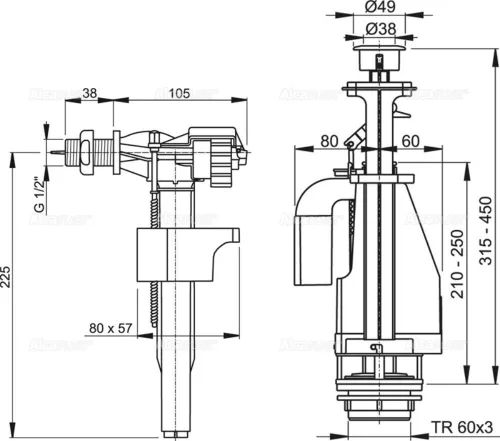 ALCA SA08A 1/2" CHROM szett: öblítő kettős nyomógombbal, oldalsó bekötésű töltőszelep 1/2", vakdugó, csavarok, tömítések