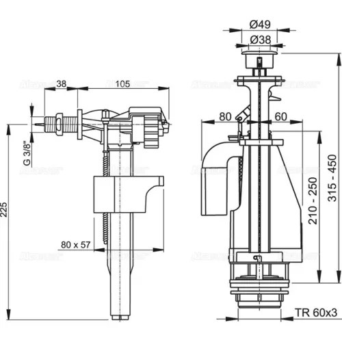 ALCA SA08A 3/8" CHROM szett: öblítő kettős nyomógombbal, oldalsó bekötésű töltőszelep 3/8", vakdugó, csavarok, tömítések