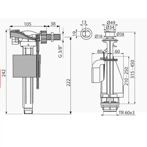 ALCA SA08AK 3/8" CHROM szett: öblítő kettős nyomógombbal, oldalsó bekötésű töltőszelep 3/8", vakdugó, csavarok, tömítések