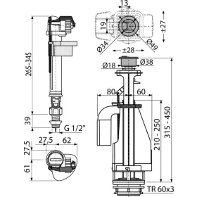   ALCA SA08ASK 1/2" CHROM szett: öblítő kettős nyomógombbal, alsó bekötésű töltőszelep 1/2", csavarok, tömítések