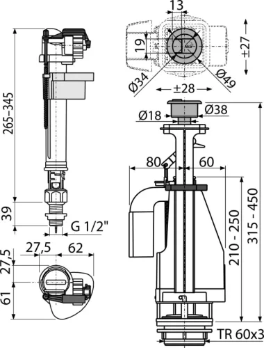 ALCA SA08ASK 1/2" CHROM szett: öblítő kettős nyomógombbal, alsó bekötésű töltőszelep 1/2", csavarok, tömítések