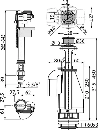 ALCA SA08ASK 3/8" CHROM szett: öblítő kettős nyomógombbal, alsó bekötésű töltőszelep 3/8", csavarok, tömítések