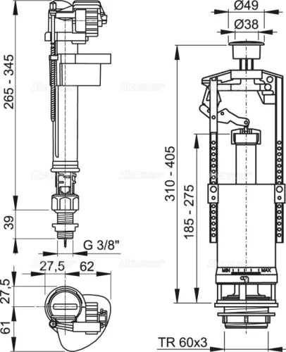 ALCA SA2000S 3/8" CHROM szett: Öblítő STOP nyomógombbal, alsó bekötésű töltőszelep 3/8", csavarok, tömítések