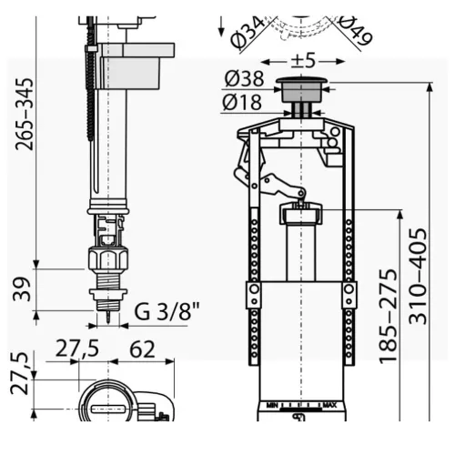 ALCA SA2000SK 3/8" CHROM szett: Öblítő STOP nyomógombbal, alsó bekötésű töltőszelep 3/8", csavarok, tömítések