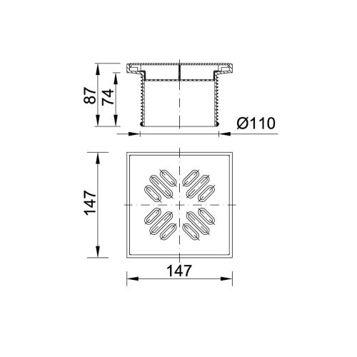 Styron padlóösszefolyó magasító, rozsdamentes MOZAIK ráccsal, 150x150 mm, szürke