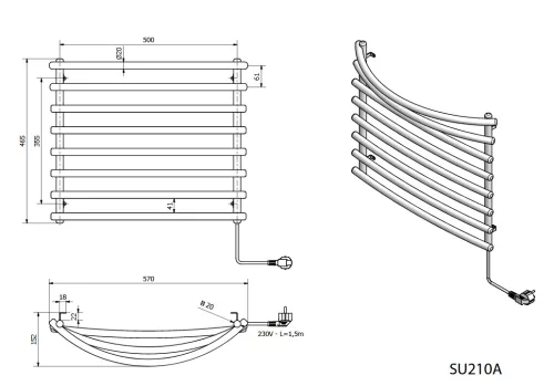 Sapho/Aqualine SUCH elektromos törölközőszárító radiátor ezüst 570x465mm 72W
