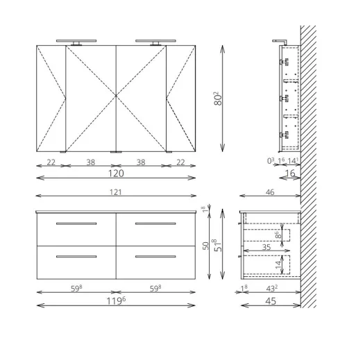 Tboss MILANO 120 alsószekrény 4 fiókos, kerámia duplamosdóval