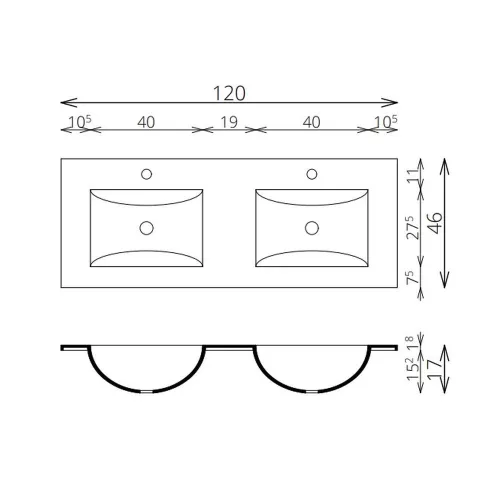 Tboss MILANO 120 alsószekrény 4 fiókos, kerámia duplamosdóval