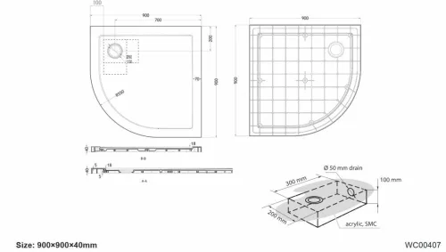Wellis Zuhanytálca íves lapos 90x90x4