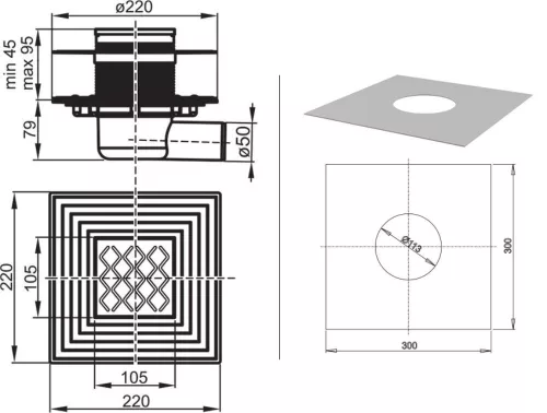 Ravak padlóösszefolyó SN501 hullámmintás rozsdamentes ráccsal 105x105mm