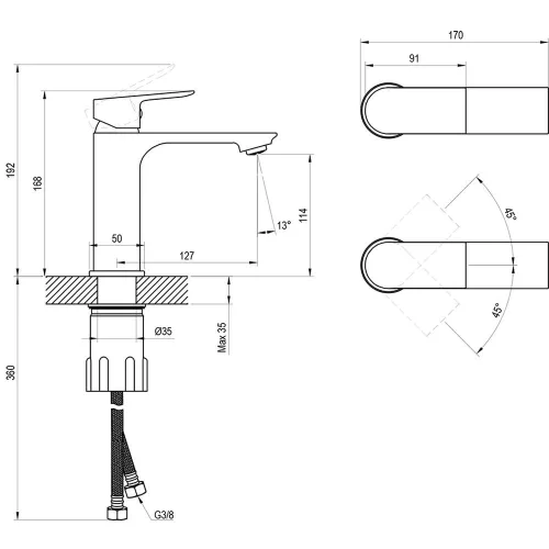 Ravak PLAN mosdócsaptelep 165mm, matt FEKETE, leeresztő nélkül PN 014.20BLM