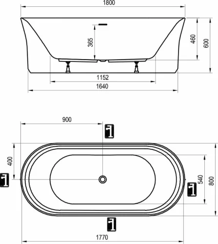 Ravak YPSILON térben álló kád 180x80cm fehér, króm lefolyóval
