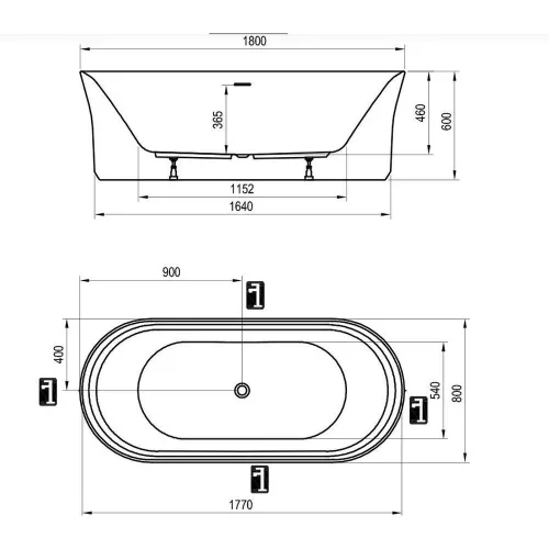Ravak YPSILON térben álló kád 180x80cm fehér, fehér lefolyóval